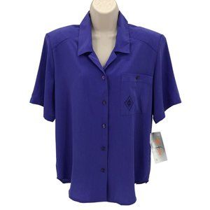 NWT Tan Jay Womens Vintage Blue Button Front Short Sleeve Blouse Size 10